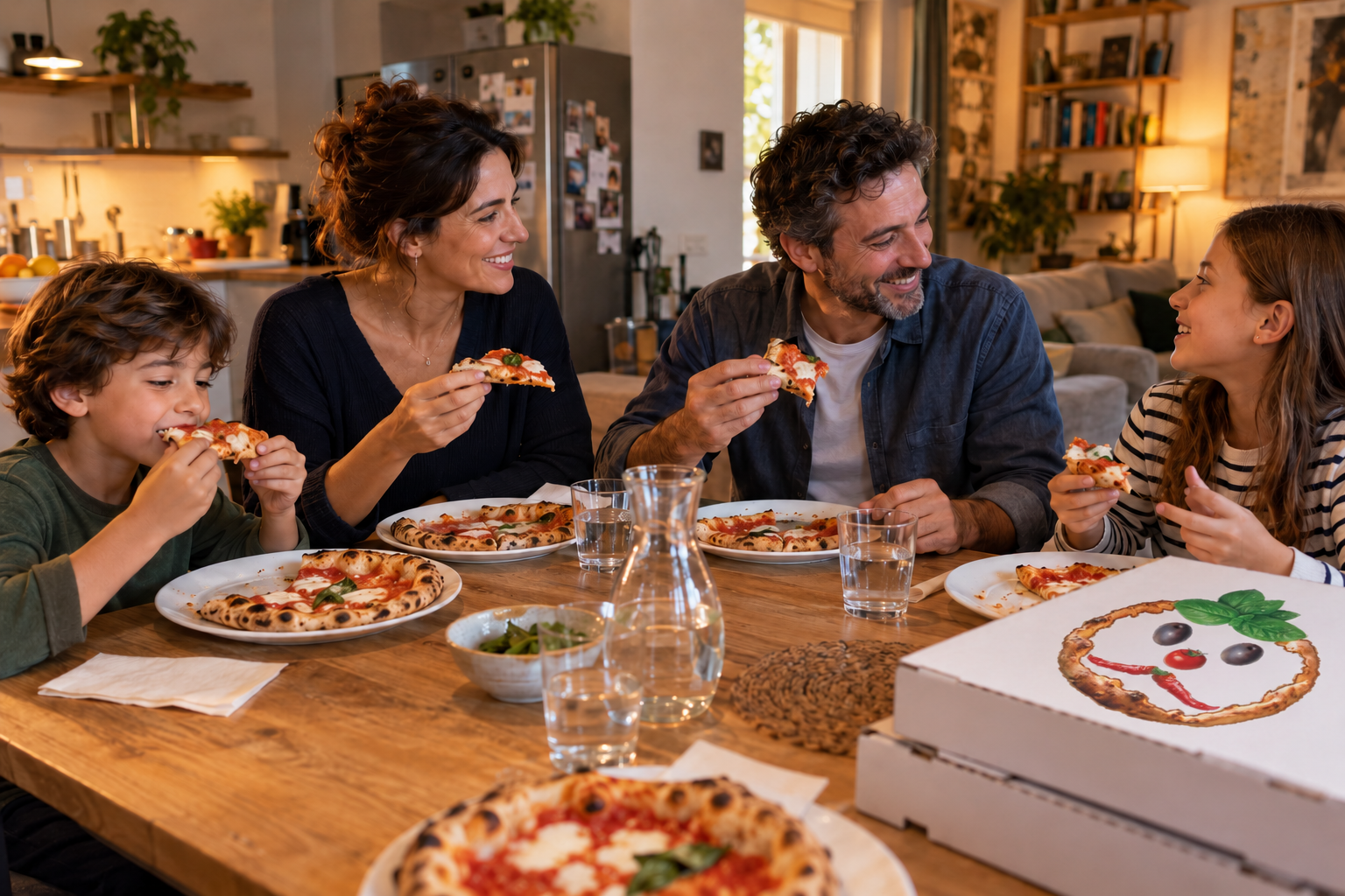 Una famiglia condivide la pizza a tavola