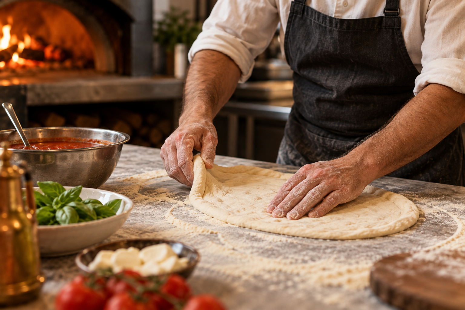 Pizzaiolo al lavoro mentre stende l’impasto