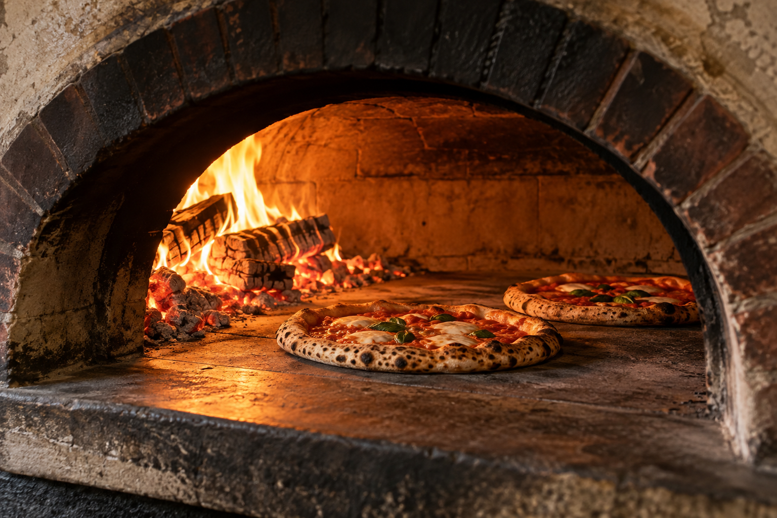 Pizzas in a wood-fired oven