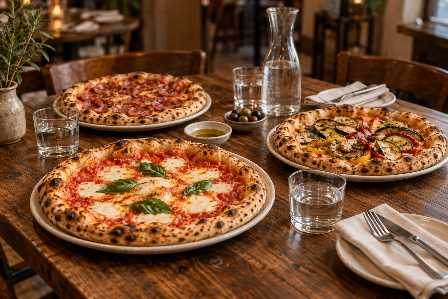 Tre pizze appena sfornate a tavola